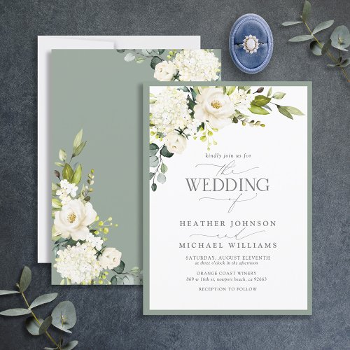 Elegant White Gray Green Floral Watercolor Wedding Invitation