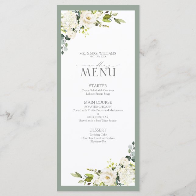 Elegant White Gray Green Floral Watercolor Wedding Menu (Front)