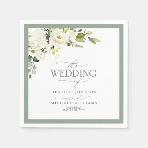 Elegant White Gray Green Floral Watercolor Wedding Napkins