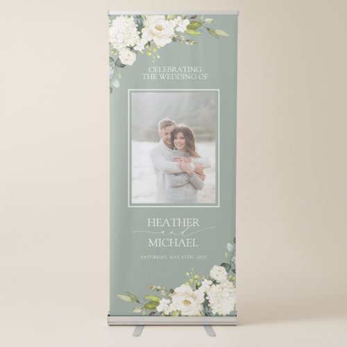 Elegant White Gray Green Floral Watercolor Wedding Retractable Banner