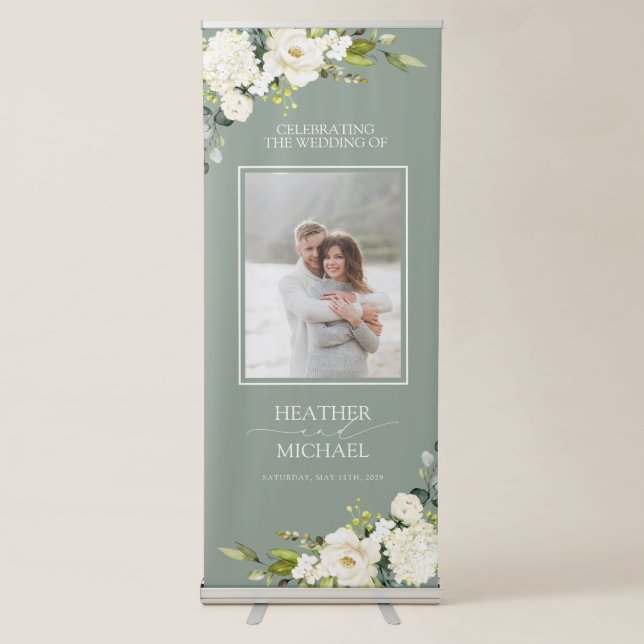 Elegant White Gray Green Floral Watercolor Wedding Retractable Banner (Front)