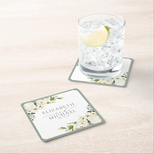 Elegant White Gray Green Floral Watercolor Wedding Square Paper Coaster