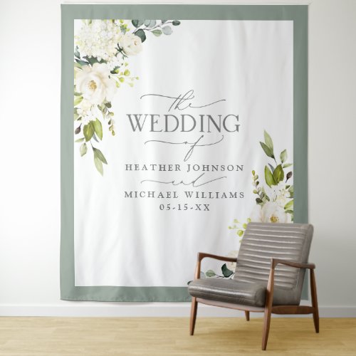 Elegant White Gray Green Floral Watercolor Wedding Tapestry