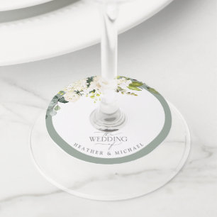 Elegant White Gray Green Floral Watercolor Wedding Wine Glass Tag