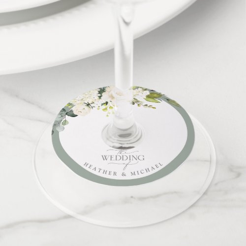 Elegant White Gray Green Floral Watercolor Wedding Wine Glass Tag