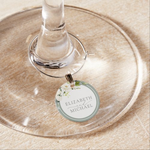 Elegant White Gray Green Floral Watercolor Wine Charm
