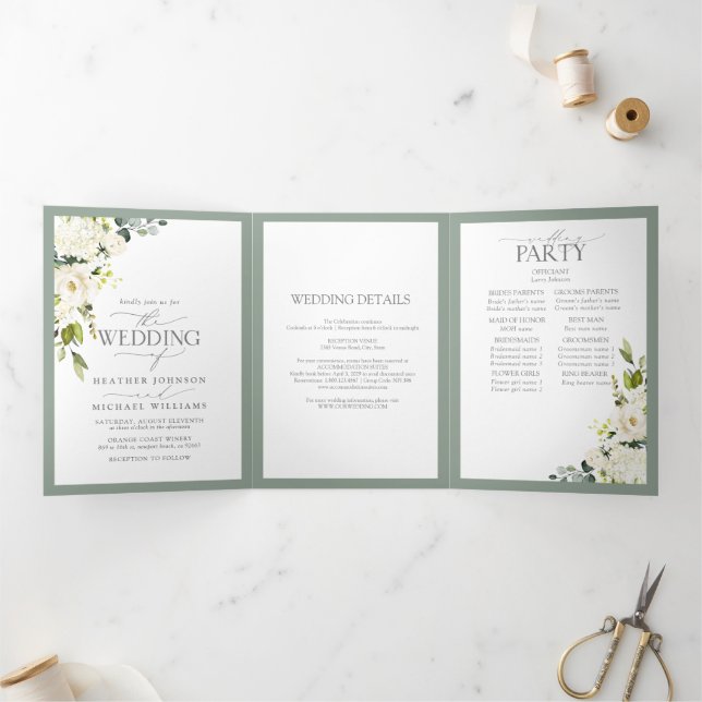Elegant White Gray Green Meals Wedding Tri-Fold (Inside)