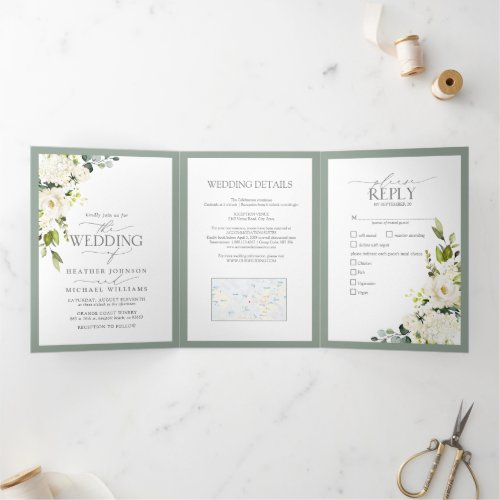Elegant White Gray Green Meals Wedding Tri_Fold