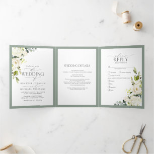 Elegant White Gray Green Meals Wedding Tri-Fold