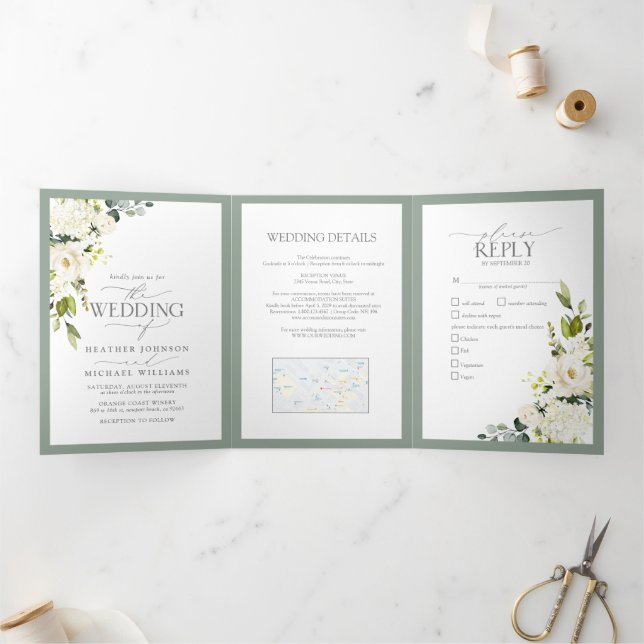 Elegant White Gray Green Meals Wedding Tri-Fold Invitation (Inside)