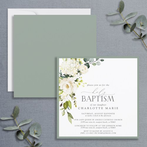 Elegant White Gray Green Watercolor Baptism  Invitation