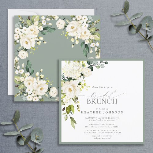 Elegant White Gray Green Watercolor Bridal Brunch Invitation