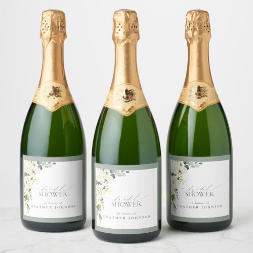 Elegant White Gray Green Watercolor Bridal Shower Champagne Label