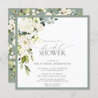 Elegant White Gray Green Watercolor Bridal Shower Invitation