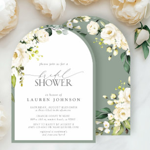 Elegant White Gray Green Watercolor Bridal Shower Invitation