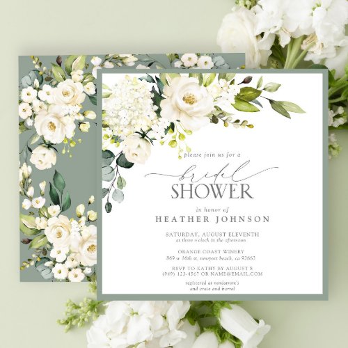 Elegant White Gray Green Watercolor Bridal Shower Invitation