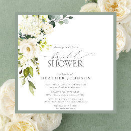 Elegant White Gray Green Watercolor Bridal Shower Invitation