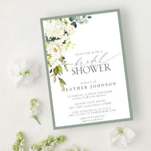 Elegant White Gray Green Watercolor Bridal Shower Invitation