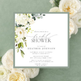 Elegant White Gray Green Watercolor Bridal Shower Invitation