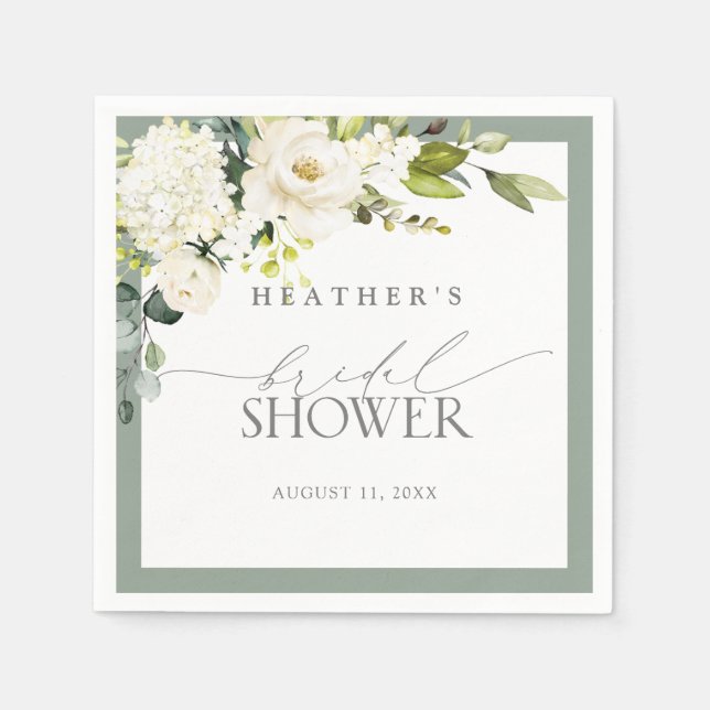 Elegant White Gray Green Watercolor Bridal Shower Napkins (Front)