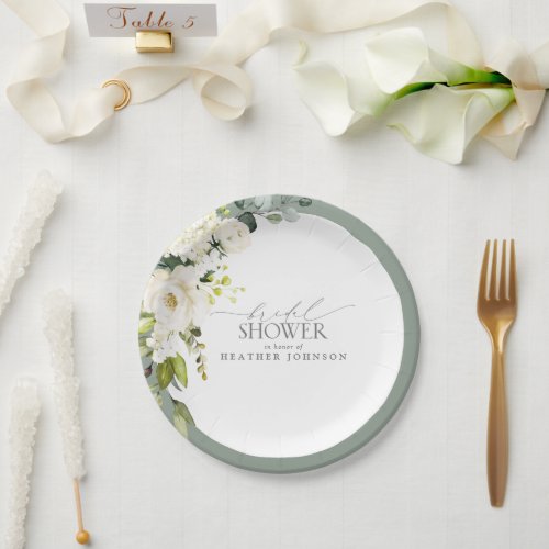 Elegant White Gray Green Watercolor Bridal Shower Paper Plates