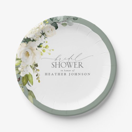 Elegant White Gray Green Watercolor Bridal Shower Paper Plates