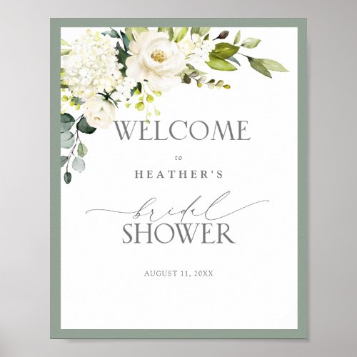 Elegant White Gray Green Watercolor Bridal Shower Poster