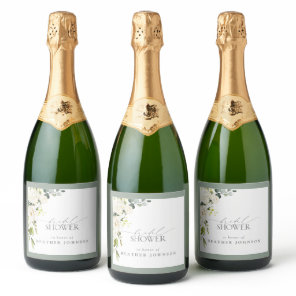 Elegant White Gray Green Watercolor Bridal Shower Sparkling Wine Label