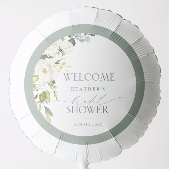 Elegant White Gray Green Watercolor Bridal Welcome Balloon (Front)