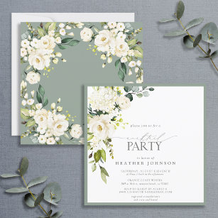 Elegant White Gray Green Watercolor Cocktail Party Invitation