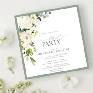 Elegant White Gray Green Watercolor Cocktail Party Invitation