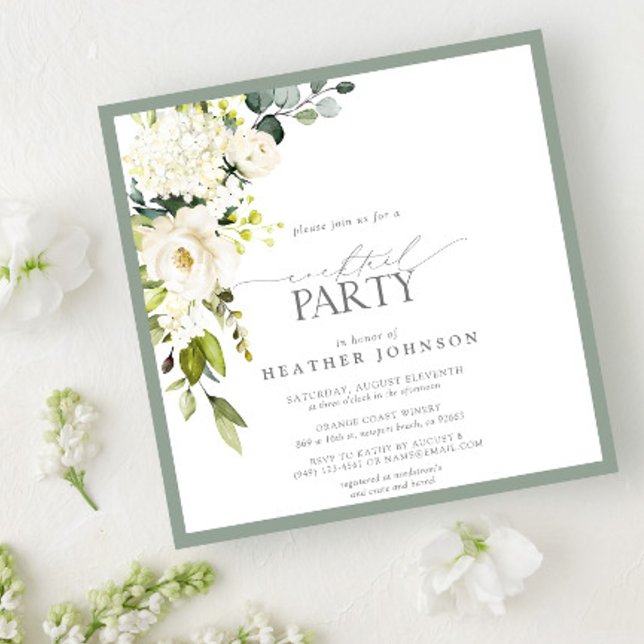 Elegant White Gray Green Watercolor Cocktail Party Invitation (Creator Uploaded)