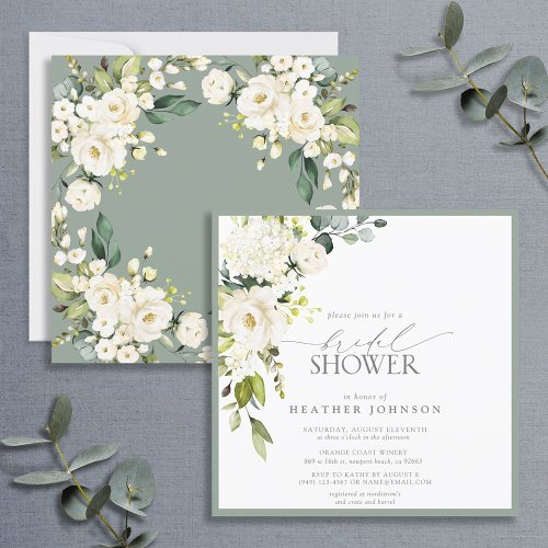 Elegant White Gray Green Watercolor Couples Shower Invitation