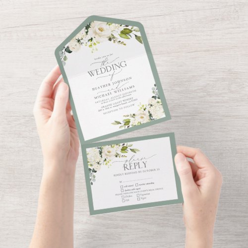 Elegant White Gray Green Watercolor Floral All In One Invitation