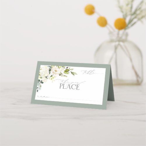 Elegant White Gray Green Watercolor Floral Place Card