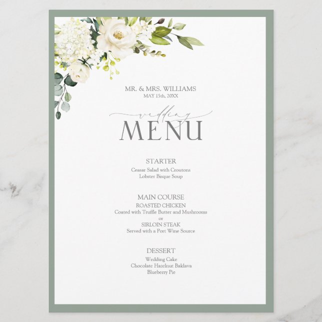 Elegant White Gray Green Watercolor Floral Wedding Menu (Front)