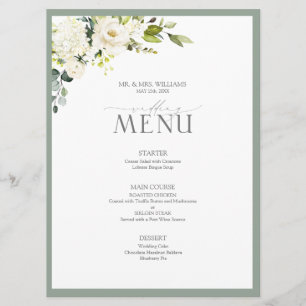 Elegant White Gray Green Watercolor Floral Wedding Menu