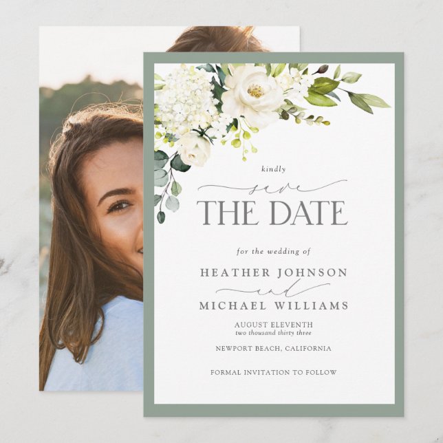 Elegant White Gray Green Watercolor Photo Wedding Save The Date (Front/Back)