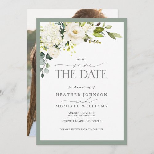 Elegant White Gray Green Watercolor Photo Wedding Save The Date