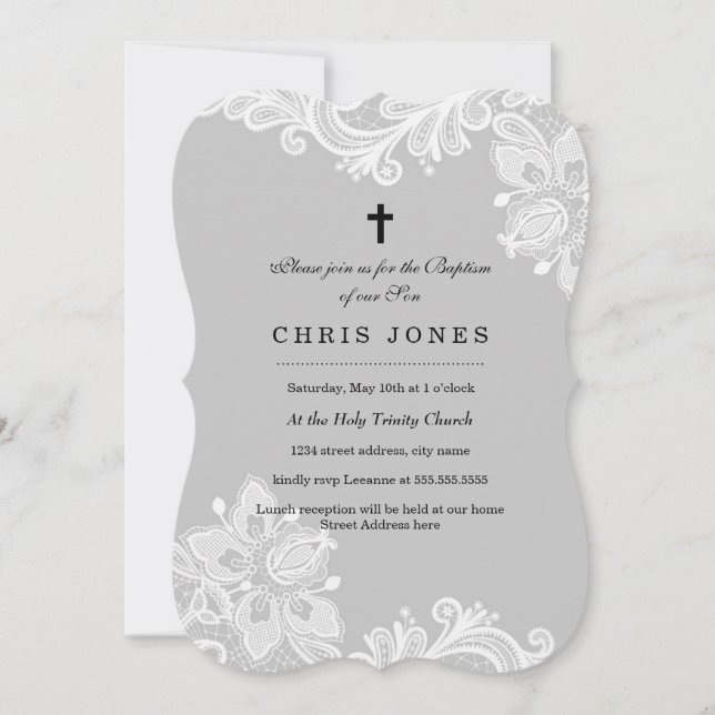 Elegant White Gray Lace baptism Invitation (Front)