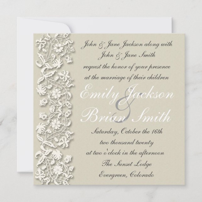 Elegant white gray lace formal wedding invitations (Front)