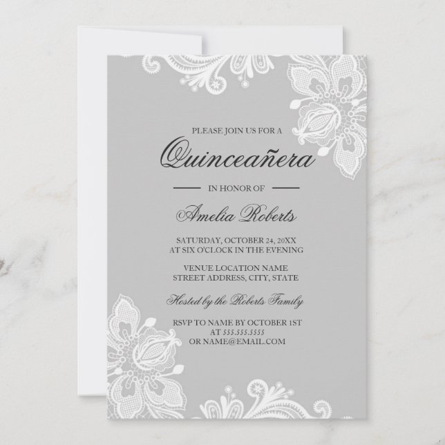 Elegant White Gray Lace Quinceanera Invitation (Front)