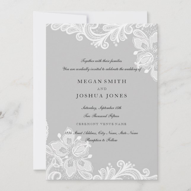 Elegant White Gray Lace Wedding Invitation (Front)