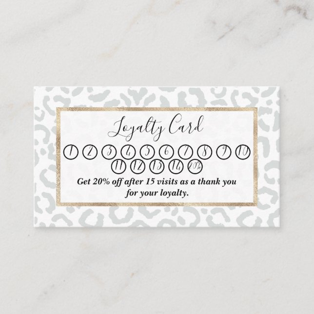 Elegant White Gray Leopard Cheetah Animal Print 15 Loyalty Card (Front)
