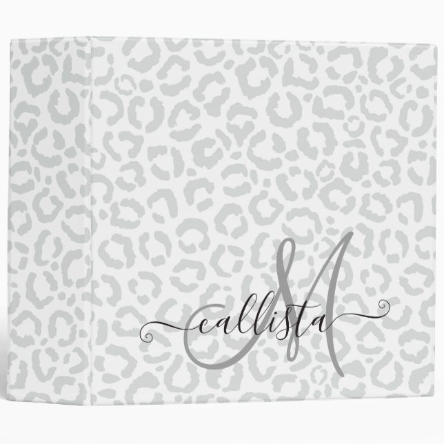 Elegant White Gray Leopard Cheetah Animal Print 3 Ring Binder (Front/Spine)