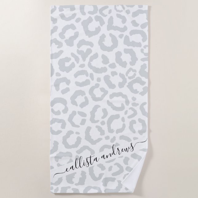 Elegant White Gray Leopard Cheetah Animal Print Beach Towel (Front)