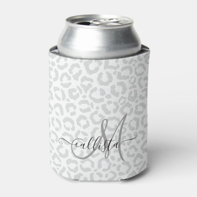 Elegant White Gray Leopard Cheetah Animal Print Can Cooler (Can Front)