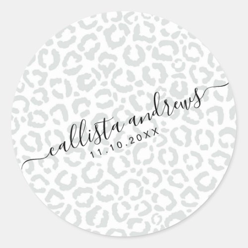 Elegant White Gray Leopard Cheetah Animal Print Classic Round Sticker