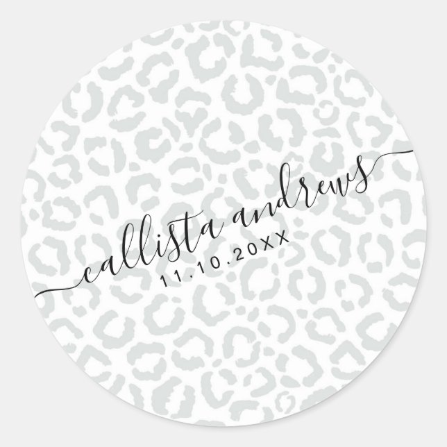 Elegant White Gray Leopard Cheetah Animal Print Classic Round Sticker (Front)