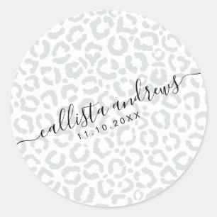 Elegant White Gray Leopard Cheetah Animal Print Classic Round Sticker